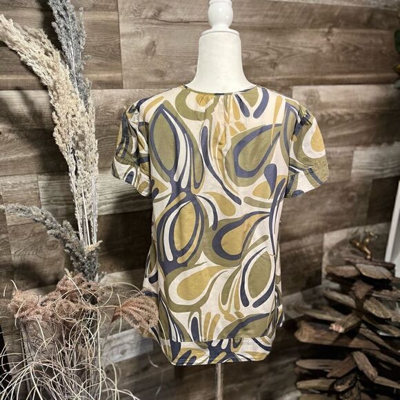 Kasper Silk/cotton blend blouse - olive and blue floral pattern - M - Picture 6 of 6